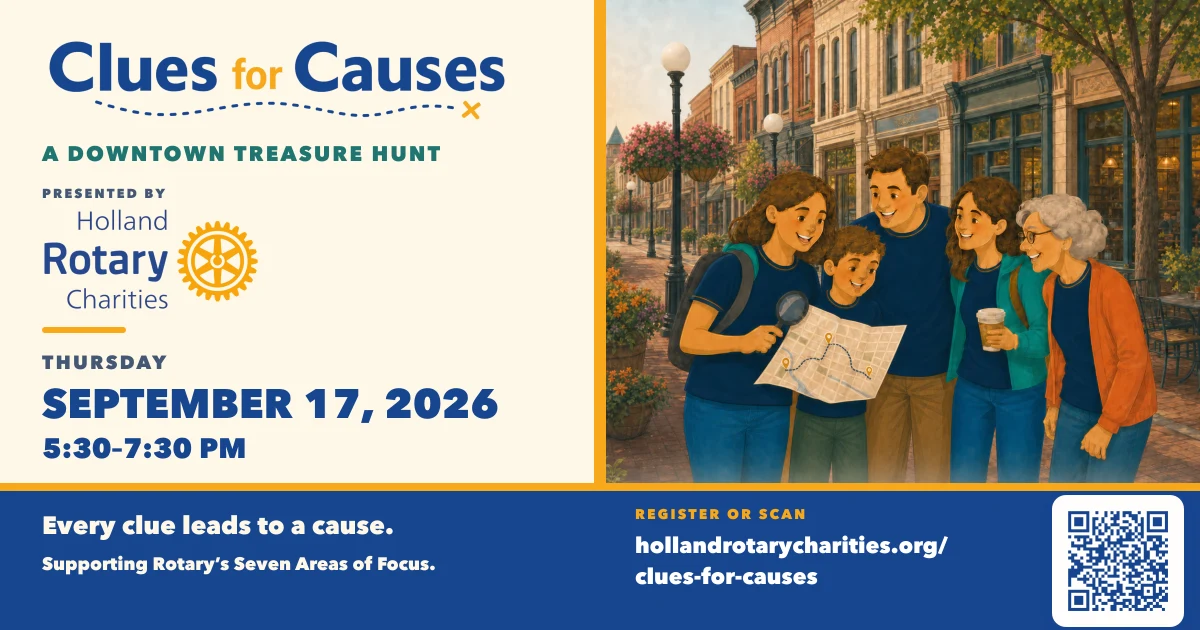 Clues for Causes — Thursday, September 17, 2026, 5:30–7:30 p.m. in downtown Holland